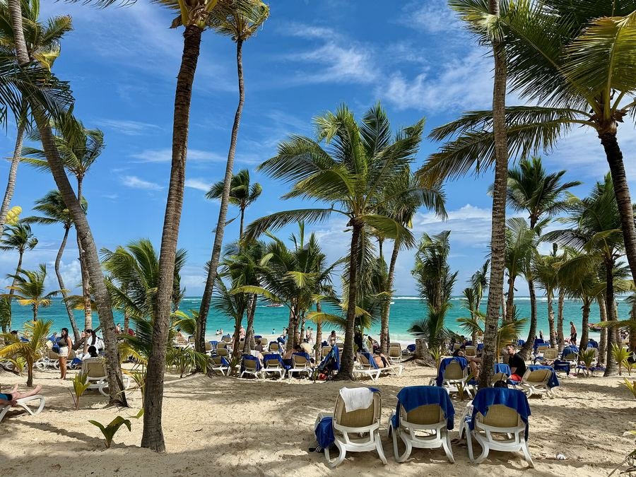 Playa de Bávaro en Punta Cana con palmeras, camastros y mar turquesa