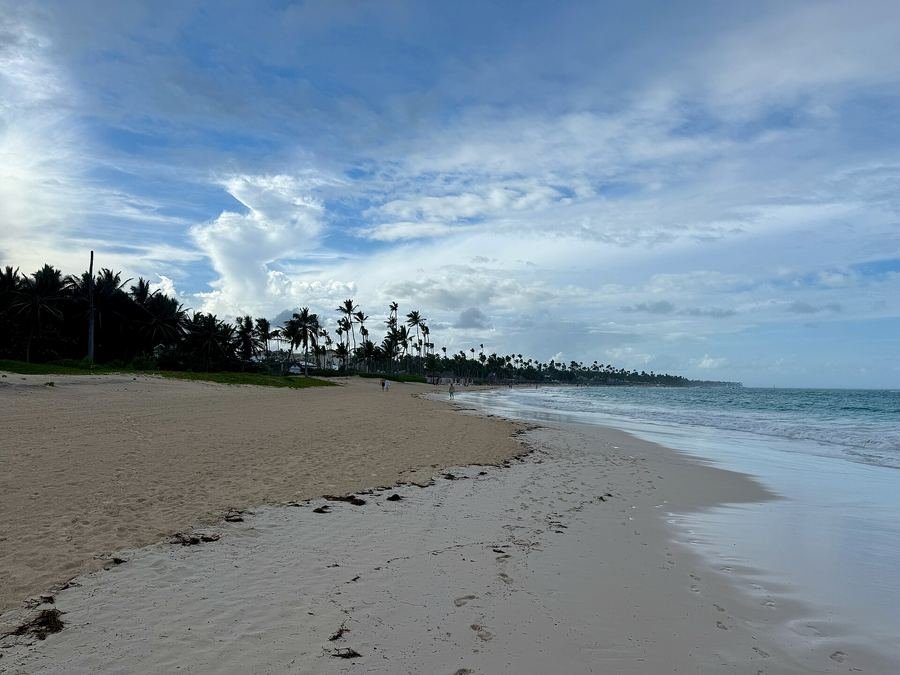Playa de Bávaro con palmeras y arena dorada bajo un cielo con nubes